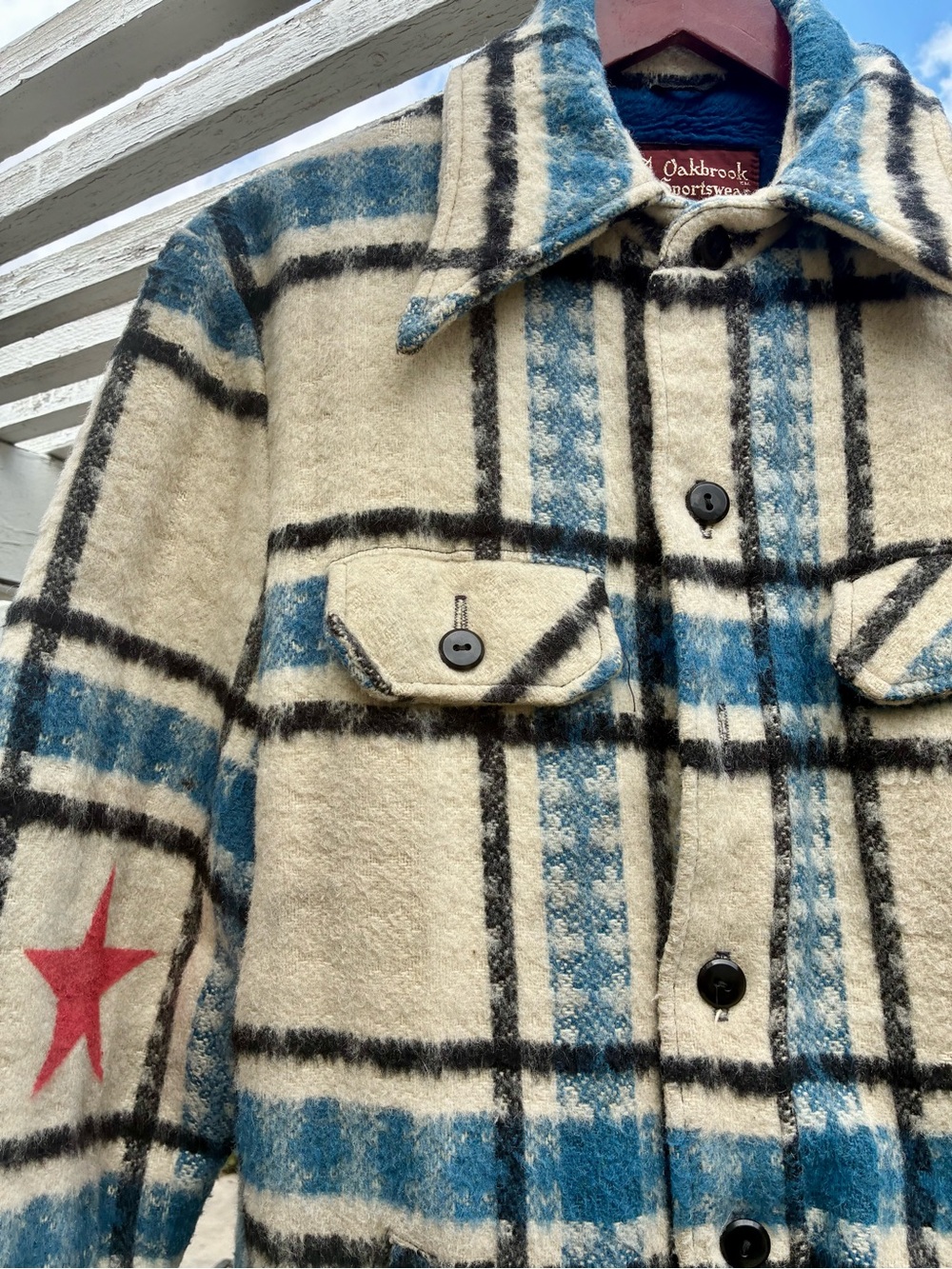 Oakbrook Plaid Wool Shacket with Red Star Elbow Patches - Cream & Blue
